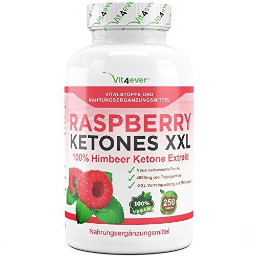 Original Raspberry Ketones XXL - 4000mg Tagesdosierung - 250 Kapseln - 100% Himbeere Ketone Extrakt - 62 Tage Anwendung - Fatburner - Vit4ever