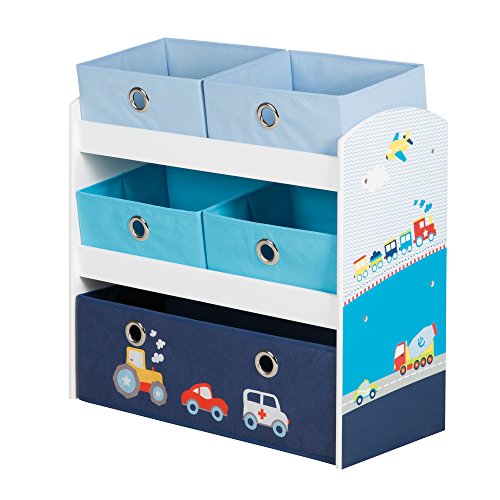 roba Spielregal 'Rennfahrer', Spielzeug- & Aufbewahrungs-Regal fürs Kinderzimmer, inkl. 5 Stoffboxen m, Auto blau
