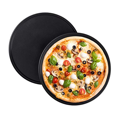 Relaxdays Pizzablech, 2er Set, rund, antihaftbeschichtet, Pizza & Flammkuchen, Carbonstahl, Pizzaform, ∅ 32 cm, grau