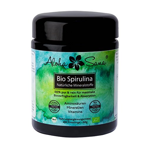 Aloha Sana  - Bio Spirulina Algen 400 Presslinge a 400 mg im Ultraviolettglas, laborgeprüft, energetisch getestet, Mineralstoffe, zur Darmreinigung, Premium Produkt, Made in Germany, DE-ÖKO-007 Biozertifizierung