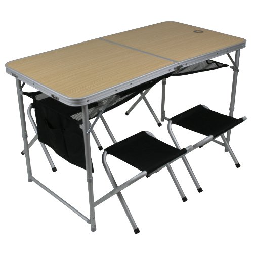 10T Outdoor Equipment 10T1497-4260181760292 Tisch Set Portable Family 4 Mann Alu Campingtisch Picknick Koffertisch mit Sitz-Hockern, Schwarz Beige PB4, 120 x 60 x 70 cm