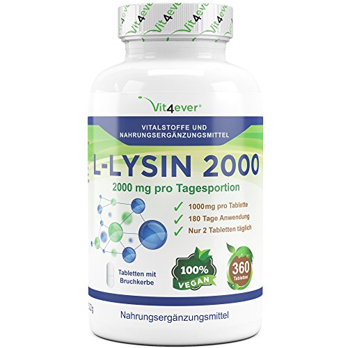 L-Lysin 2000, 360 Tabletten, 2000 mg pro Tagesportion, Vegan, L-Lysine Aminosäure hochdosiert mit 1000 mg pro Tablette, Vit4ever