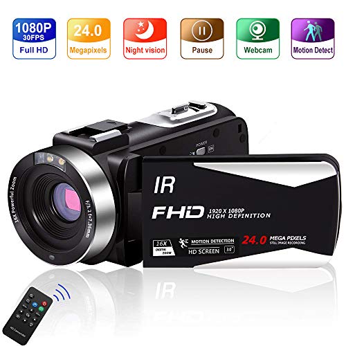 Videokamera 1080P 30FPS Camcorder Full HD Tragbare IR-Nachtsicht-Videokamera 24,0 MP Unterstützt Digitalkamera mit Zeitraffer- und Bewegungserkennung und 3-Zoll-LCD-Fernbedienung