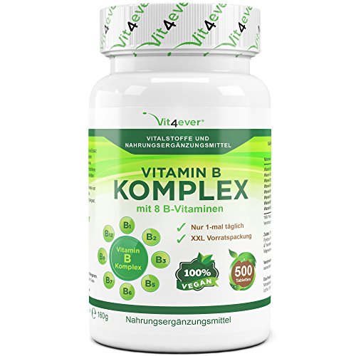Vitamin B Komplex 500 Tabletten - Alle wichtigen B-Vitamine in 1 Tablette, Vitamine B1, B2, B3, B5, B6, B12 , D- Biotin und Folsäure, Premium Qualität, Vegan, Vit4ever