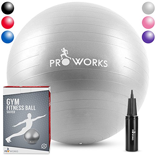 Proworks Gymnastikball [65cm] Heavy Duty Sitzball für Sport Physiotherapie Schwangerschaft Yoga Pilates - Fitness Ball für Rückenübungen und Dehnübungen - in 6 verschiedenen Farben inkl. Pumpe - Silber