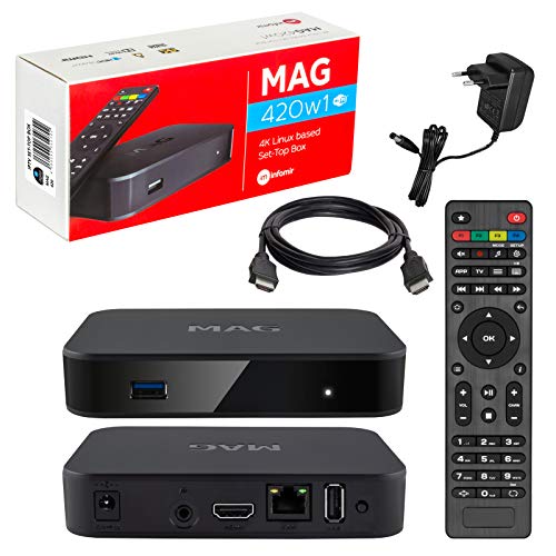 MAG 420w1 Original Infomir & HB-DIGITAL 4K IPTV Set TOP Box Multimedia Player Internet TV IP Receiver # 4K UHD 60FPS 2160p@60 FPS HDMI 2.0 HEVC H.256# ARM Cortex-A53# WLAN WiFi (802.11n) + HDMI Kabel