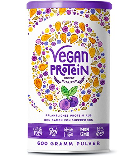 Vegan Protein (Blaubeere) - Protein aus Reis, Hanfsamen, Lupinen, Erbsen, Chia-Samen, Leinsamen, Amaranth, Sonnenblumen- und Kürbiskernen - 600 Gramm Pulver mit natürlichem Blaubeeren Geschmack