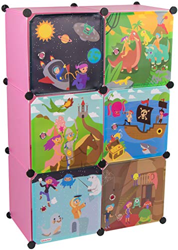 KEKSKRONE Großer Kinderschrank Bunte Motiv-Türen - DIY Stecksystem - 6 Module je 37 x 37 x 37 cm, Rosa | Kinderzimmer-Schrank | Kinderkleiderschrank | Baby-Regal | Spielzeugkommode