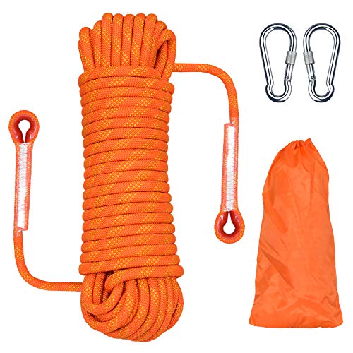 HHOOMY Outdoor-Kletterseil, Hochfestes Seil mit 10.5mm Durchmesser Sicherheitsseil Geflecht Nylon Seil, Länge 20m Fluchtseil Rettungsfallschirmseil mit 2 Karabinern, Orange