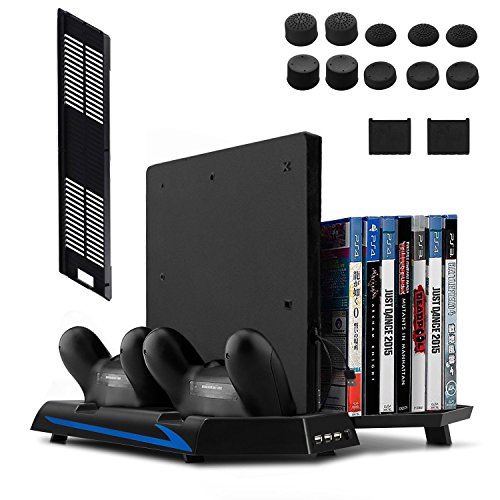 Keten Vertikaler Standfuß für PS4 Slim / PS4 mit Lüfter 2 in 1 Ladestation Playstation 4 Games Spielelagerung und 3 Port USB Hub- Ein All-In-One Bereich für alle deine Spielbedürfnisse