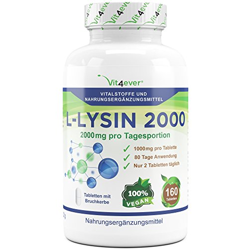 L-Lysin 2000, 160 Tabletten, 2000mg pro Tagesportion, Vegan, L-Lysine Aminosäure hochdosiert mit 1000 mg pro Tablette, Vit4ever