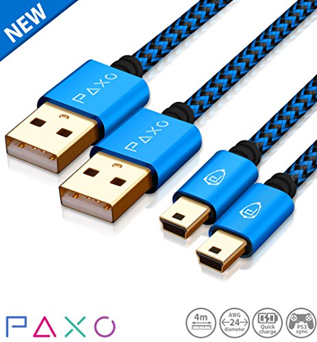 2 x 4m Ladekabel für PS3 Controller, USB auf Mini USB Kabel lang, Geflochten, vergoldet, blau/schwarz