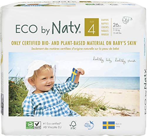 NATY by Nature Babycare 8178389 Eco by Naty Premium Bio-Windeln für empfindliche Haut, Größe 4, 7-18 kg, 6 Packung à 26 Stück (156 Stück insgesamt), weiß