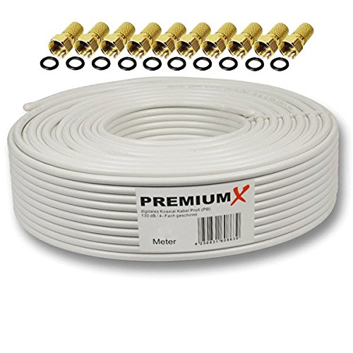 50m PremiumX PROFI Koaxial Kabel 130 dB 4-Fach geschirmt, REINES KUPFER SAT Antennenkabel 50 m 130dB 135 + 10x F-Stecker 7,5mm in Farbe 'Gold' GRATIS DAZU