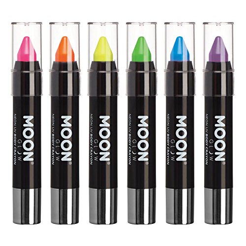 Moon Glow - Neon-UV-Schminkstift Körperkreide Farbstift für Gesicht & Körper - Pastell set mit 6 Farben - Leuchtet hell unter UV-Beleuchtung