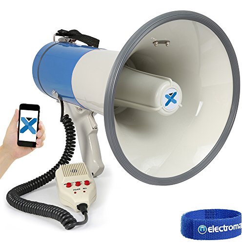 VexusMEG055 Megafon Prof. 55W Megaphone mit Mikrofon (Bluetooth, MP3 fähiger USB-Slot, SD-Speicherslot, Aufnahme, Batterie-Betrieb) blau-weiß