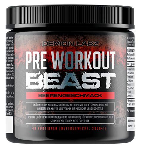 Pre Workout Beast (Beerengeschmack) - 40 Portionen (300g) - Hardcore Pre Workout Booster mit Kreatin Monohydrat, Koffein, Beta Alanin und Glutamin