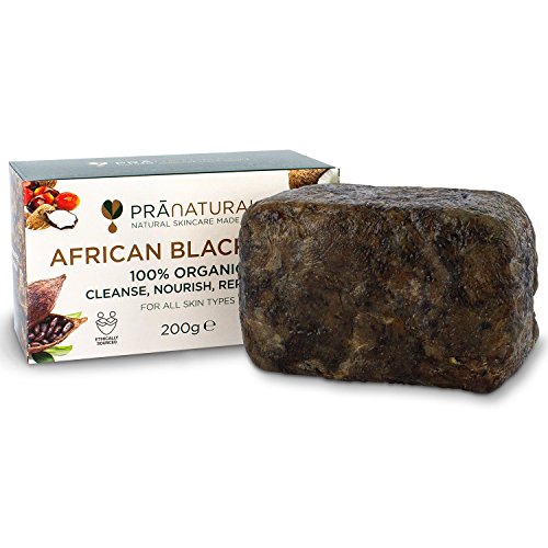 PraNaturals Organisch Afrikanische Schwarze Seife 200g, Vegan Kosmetik, Für Alle Hauttypen, Handgefertigt Im Tropischen Ghana, Natürliche Behandlung für die Haut und Gesicht
