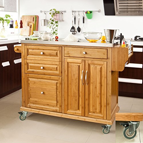 SoBuy Luxus-Küchenwagen aus hochwertigem Bambus mit Edelstahlarbeitsplatte,Kücheninsel,Küchenschrank,B129xT46xH91cm FKW14-N