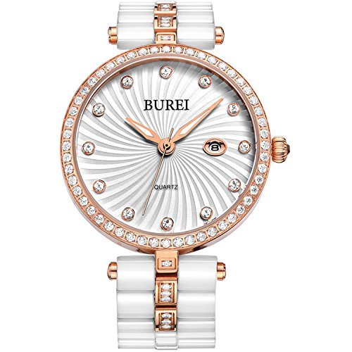 BUREI Elegante Damen Quartz Armbanduhr mit Keramikarmband und Diamantgehäuse Datum Kalender