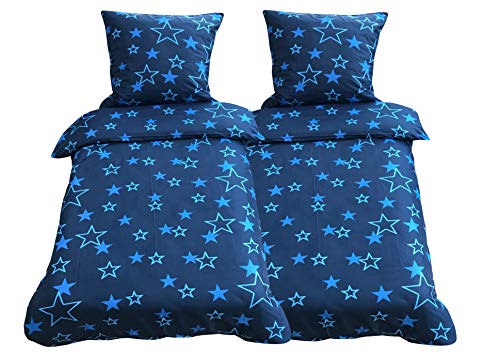 Leonado Vicenti - Bettwäsche 135x200 4teilig Mikrofaser blau Sterne mit Reißverschluss
