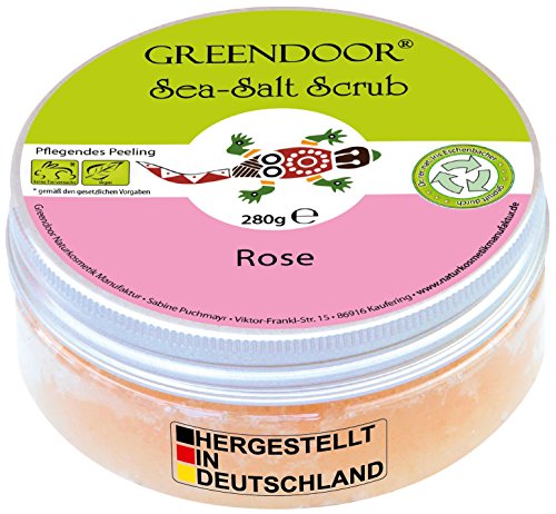 Greendoor Körperpeeling Meersalz Rose, natürliches Peeling ohne Mikroplastik für Damen, 280g Duschpeeling ohne Konservierungsmittel, mit straffendem Mandelöl, Body Scrub, Naturkosmetik Sauna-Salz
