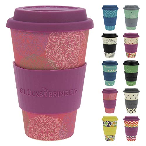 ebos Glücksbringer Coffee-to-Go-Becher aus Bambus | Kaffee-Becher | wiederverwendbar, natürliche Materialien, umweltfreundlich, lebensmittelecht, spülmaschinengeeignet (Mandala Spirit pink)