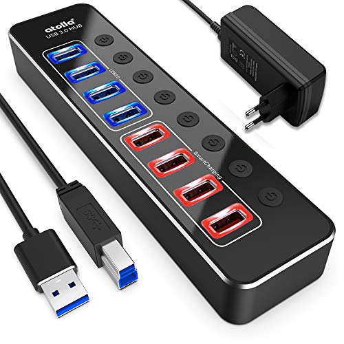 atolla USB Hub Aktiv 3.0 mit Netzteil, Aluminum 8-Port USB 3.0 Hub (4 USB 3.0 Datenports und 4 Intelligenter Charging Ports) mit Einzelnen Schalter und 12V/2.5A Netzteil Adapter