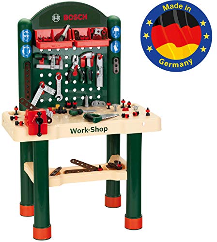 Theo Klein 8461 8461-Bosch Workshop mit extragroßer Arbeitsplatte Holzimitatation und viel Werkzeug, Spielzeug, Grün, Holzfarben