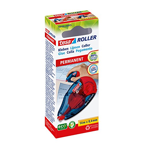 tesa Roller Kleben Permanent ecoLogo / Nachfüllbarer Kleberoller ohne Lösungsmittel - mit doppelseitigem & extra starkem Klebefilm