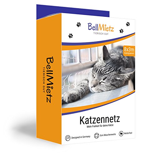 BellMietz Katzennetz für Balkon und Fenster | Extragroßes 8x3m Katzen-Schutznetz | Inkl. 25m Befestigungsseil | Balkonnetz mit Gratis Ebook