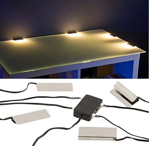 Lunartec Glasbeleuchtung: LED-Glasbodenbeleuchtung: 4 Klammern mit 12 warmweißen LEDs (Vitrinenbeleuchtung Glasboden)