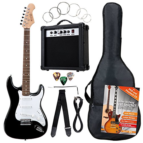 Rocktile Banger's Pack Komplettset E-Gitarre Schwarz (Verstärker, Tremolo, Tasche, Kabel, Gurt, Plecs, Ersatzsaiten und Schule mit CD/DVD)