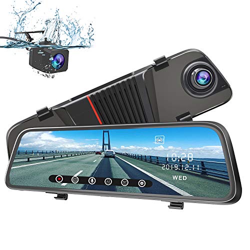 AWESAFE Dashcam Rückspiegel 10' Full HD Touchscreen 1080P Frontkamera und 1080P Wasserdichte Rückfahrkamera Streaming Autokamera