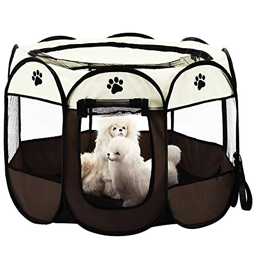 KEESIN Faltbares Haustier Zelt 8-Panel Mesh Haus WelpenLaufstall Hundehütte für Hunde Katze Kaninchen (73 * 73 * 43cm, Braun)