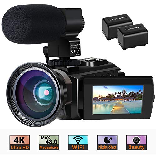 Videokamera 4K Camcorder Ultra HD Wi-Fi Digitalkamera 48MP IR-Nachtsicht 16X Digitalzoom Recorder 3,0 'IPS Touchscreen Vlog-Kamera für YouTube mit Mikrofon, Weitwinkelobjektiv, 2 Batterien