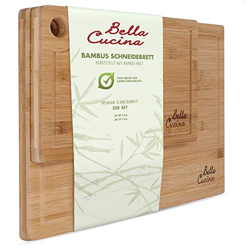 Bella Cucina Original Bambus Schneidebrett 2er Set | Massive Küchenbretter aus Holz als Einzel- und 2er Set | Inklusive Saftrille und Loch zum Aufhängen (2er Set)