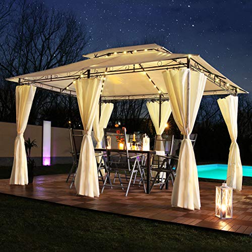 Swing & Harmonie Luxus LED - Pavillon 3x4m Minzo - inkl. Seitenwände mit LED Beleuchtung + Solarmodul Designer Gartenpavillon optional mit Moskitonetz Gartenzelt Partyzelt (ohne Moskitonetz, Creme)