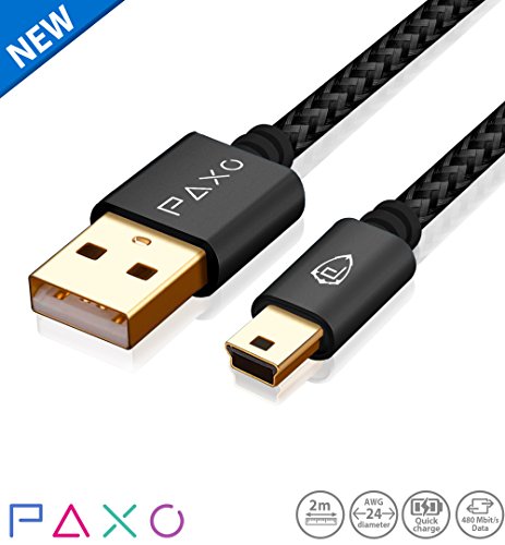 2m Nylon Mini USB Kabel Schwarz, USB auf Mini USB Ladekabel, Goldstecker, geflochtenes Kabel (Braided), mit Kabelklett