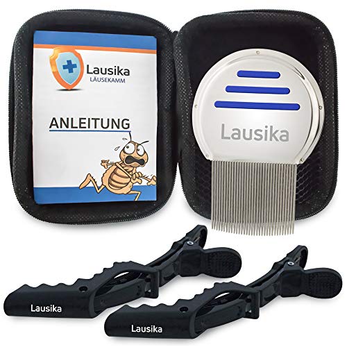 Läusekamm Lausika aus Metall Lauskamm extra fein für Kinder gegen Läuse und Nissen mit Box, 2 Haarklammern, blau