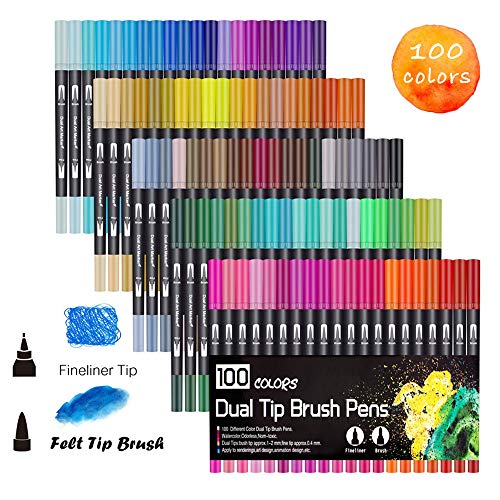 100 Farben Marker Set, Pinselstift Set Fasermaler, Aquarell Pinselstifte Marker Stift Set Doppelspitze Textmarker, für Studenten Manga Kunstler Sketch Marker Stifte Set HO-100B
