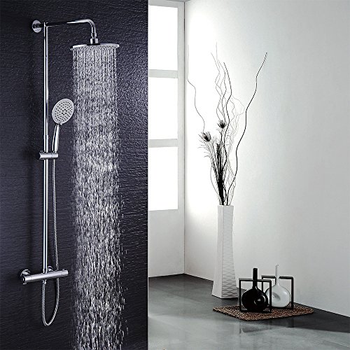 Hausbath Duschsystem Duschset Regendusche Duschsäule mit Thermostat +Rainshower +Duscharmatur+ Handbrause Duschkopf Höhenverstellbar Badezimmer (Ohne Wasserhahn)