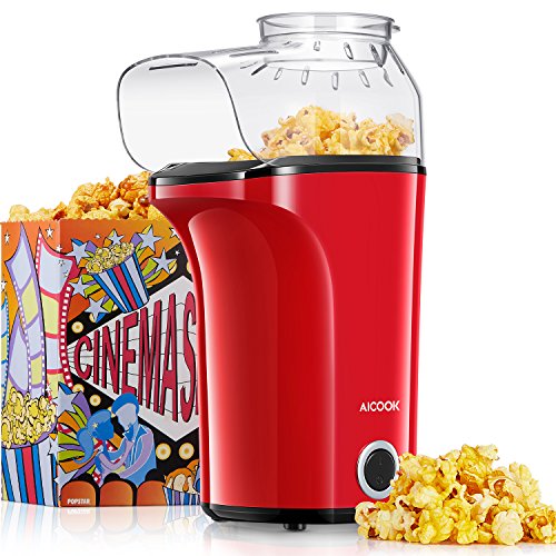 Aicook Popcornmaschine, 1400W Automatische Popcorn Maker mit Großer Kapazität, Heißluft Ohne Öl, Abnehmbarem Deckel und BPA-Frei