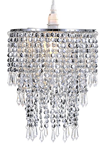 WanEway 3 Stufiger Perlen Decken Kronleuchter Anhänger Lampenschirm mit Acryl Juwelen Tröpfchen, Perlen Lampenschirm mit Chrome Rahmen und klaren Perlen, Durchmesser 22cm, Chrome
