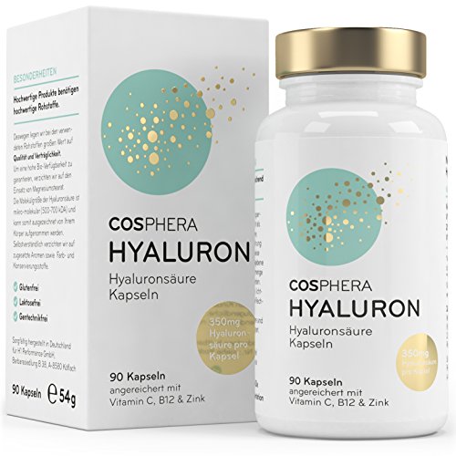Hyaluronsäure Kapseln - Hochdosiert mit 350 mg pro Kapsel. 90 vegane Kapseln im 3 Monatsvorrat - 500-700 kDa - Angereichert mit Vitamin C, B12 und Zink - Für Haut, Anti-Aging und Gelenke - Cosphera