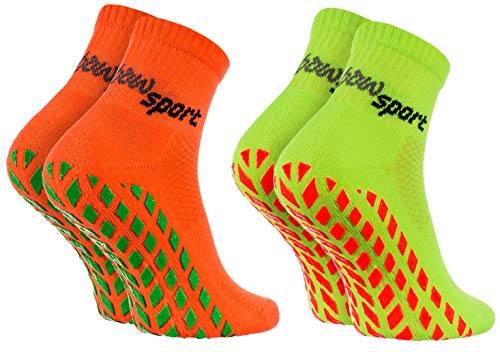 Rainbow Socks - Damen Herren Neon Sneaker Sport Stoppersocken - 2 Paar - Orange Grün - Größen: EU 36-38