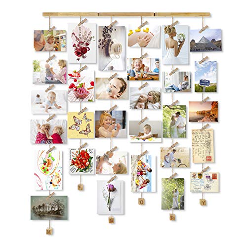 Love-KANKEI MEMORY Bilderrahmen Collage Fotorahmen Holzbilderrahmen mit 30 Kleinen Holzklammern Ideal Geschenk für Gedenktag wie Geburtstag Hochzeit Weihnachten usw.