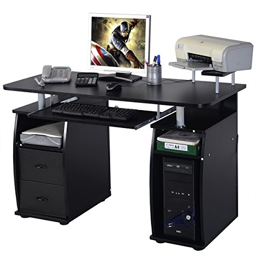 COSTWAY Computertisch Schreibtisch Bürotisch Arbeitstisch PC-Tisch mit Tastaturauszug Druckerablage Schubladen Farbwahl (Schwarz)