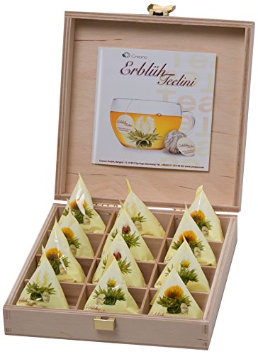 Creano Teelini Teeblumen im Tassenformat, Geschenkset in Teekiste aus Holz, 12 ErblühTeelini in 4 Sorten | Weißer Tee