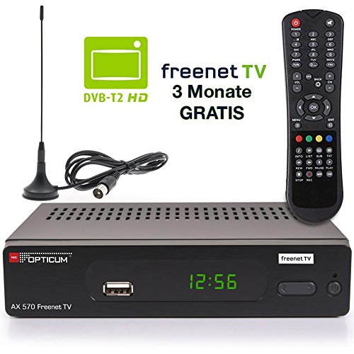 Opticum DVB-T2 Receiver inklusive DVB-T AX 570 Freenet TV digitaler H.265 Empfänger inklusive DVB-T Antenne in schwarz